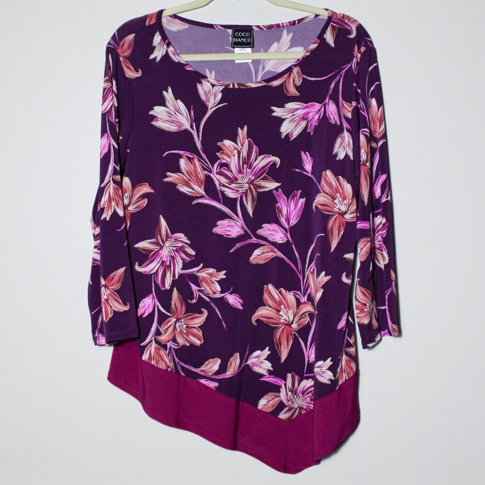 Coco Bianco Asymmetrical Tunic Top Purple Tropical Dark Floral Stretch Sz Large